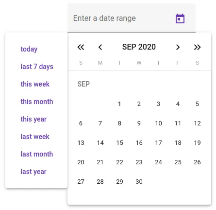 Date range picker with our custom range panel to the left